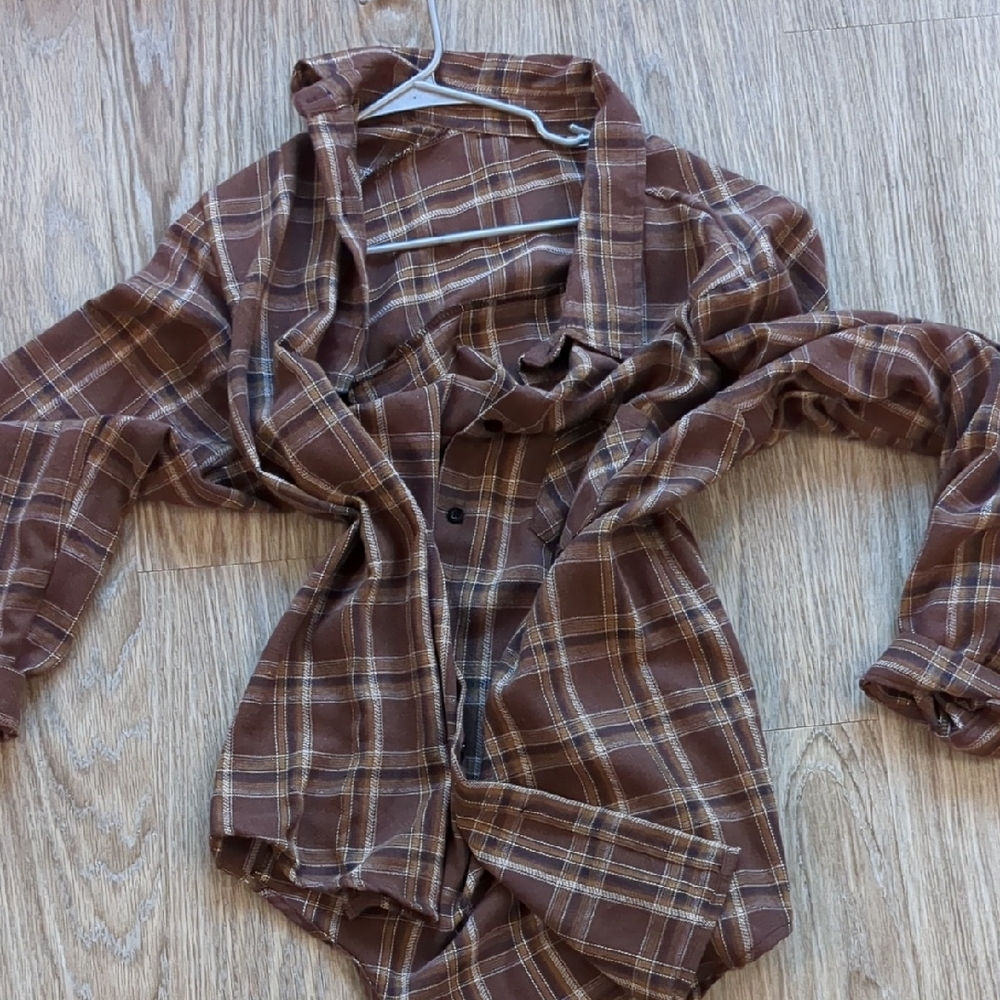 1X Plaid Brown Women's Button Down Long Sleeve Shirt